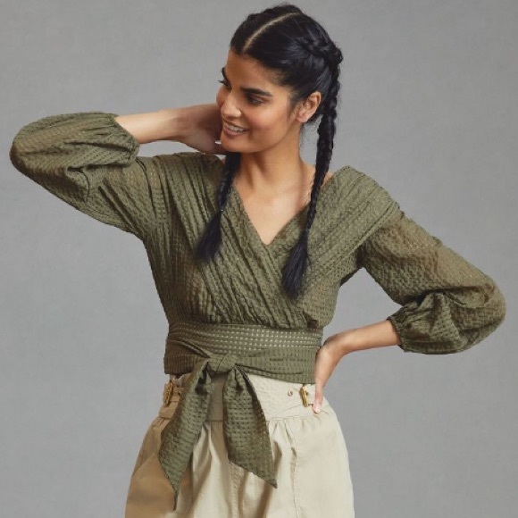 Anthropologie Tops - Maeve V neck Cropped Wrapped Top in green long sleeves